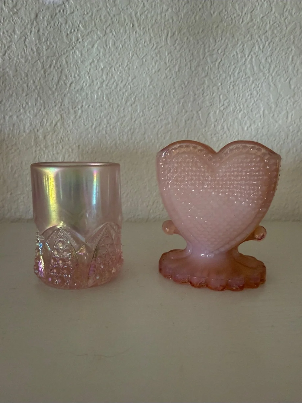 Pink Iridescent Glass Heart Vase Toothpick Holders